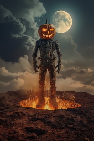 "Doomsday Pumpkin Man": The end of the world is coming, the earth is cracking, volcanoes are erupting, and thick smoke is billowing. The Pumpkin Man stood on the crater of a volcano. FULL MOON