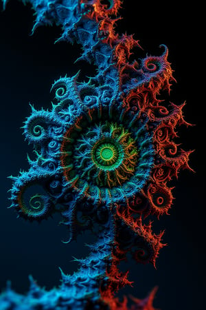 Close-up shot of a Mandelbrot fractal's edge, where swirling tendrils and spirals converge. Framed by inky blacks, vibrant colors like electric blue, neon green, and fiery red burst forth, showcasing intricate details with sharp contrasts. The gradient transitions smoothly, revealing infinite complexity. As the eye descends, repeating patterns cascade toward the center, evoking a sense of endless depth. Against a dark background, the fractal's kaleidoscope of colors shines with intense vividness.