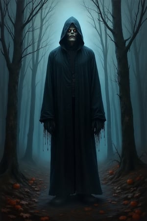 A haunting full-body portrait of a creepy man on Halloween night, rendered in oil painting style. He stands amidst a dark forest, 