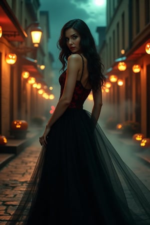 Halloween night, city streets ablaze with jack-o-lanterns and twinkling lights. A stunning vampire woman, with porcelain skin and raven-black locks, poses elegantly in a flowing black dress, adorned with crimson lace. Her piercing green eyes gleam in the moonlit alleyway, as she surveys her surroundings with a mixture of curiosity and menace. The atmosphere is eerie and mystical, with misty fog swirling around her ankles.
