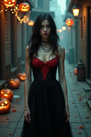 Halloween night, city streets ablaze with jack-o-lanterns and twinkling lights. A stunning vampire woman, with porcelain skin and raven-black locks, poses elegantly in a flowing black dress, adorned with crimson lace. Her piercing green eyes gleam in the moonlit alleyway, as she surveys her surroundings with a mixture of curiosity and menace. The atmosphere is eerie and mystical, with misty fog swirling around her ankles.
