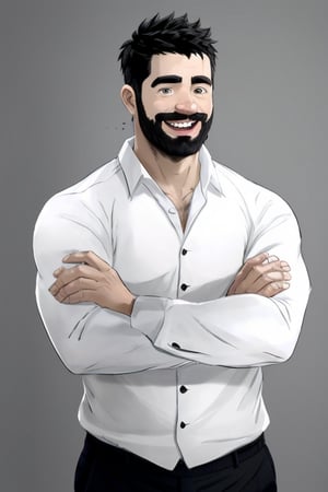 1man, Jiangwen, 1boy, male focus, solo, facial hair, realistic, smile, black hair, grin, formal, beard, simple background, white background, suit, upper body, shirt, real life insert, white shirt, black eyes
