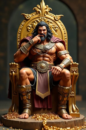 a figurine Character Model made from Resin with High-Quality, Game-Design Style, Ensuring Exceptional Detail and Realism", 8k, masterpiece,, ultra realistic, illustrated by Kenturo Muira, front view, Conan the barbarian sits on a golden throne, left hand resting on chin, right hand hold gold in palm, bold smile, on the floor he is surrounded by gold, jewelry, precious stones.