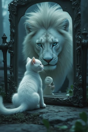 anhei,This is a highly detailed digital artwork in a dark fantasy style,A cute white kitten looks in the mirror and sees an image of an elegant white lion with high resolution, high detail, realism, cinematography