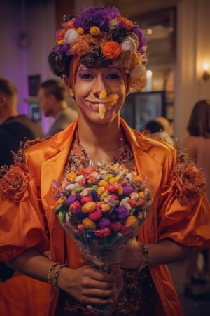 exquisite male character in Halloween costume, holding a sweet candy bouquet, charming smile, medium shot, detailed facial features, expressive eyes, festive Halloween decorations, soft ambient lighting, focus on the character's playful and delightful presence, intricate details in the costume and candy bouquet, slight tilt of the head, emphasis on the joyful and festive atmosphere.