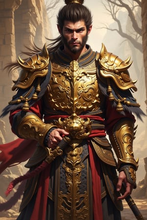 cnshenhou,facial hair,long sleeves,Golden armor,golden stick in hands,looking at viewer,male focus,sheath,solo,