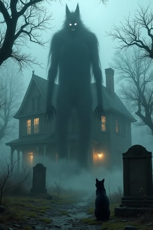 A towering eldritch monster, a spectral figure with elongated limbs and glowing, hollow eyes, emerges from a hauntingly dilapidated house. The house is shrouded in fog, with broken windows and twisted, gnarled trees surrounding it. a big black cat in the front of the house,next to a TOMBSTONE