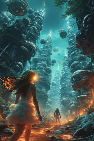 "A young woman with the head of a glowing fish wanders through a city where the buildings are upside down and floating in mid-air. The streets are rivers made of bright orange lava, and the sky is a deep, electric blue. Giant butterflies with gears for wings fly above, casting long, mechanical shadows. The woman wears a dress made of clouds, and her hair flows like molten metal. Trees grow from the tops of skyscrapers, their roots tangled in the stars. Neon lights pulse with no rhythm, casting an eerie, dreamlike glow on everything."