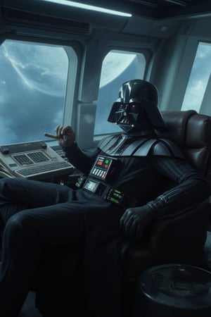 Darth Vader is leaning back in a leather chair smoking a cigar. He’s on the bridge of a space ship with floor to ceiling windows. There’s a large planet and the galaxy in the background. He has a big smile on his face.