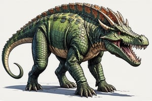 (Character Sheet),full body, quadratic mastodon sized reptilian creature with a crocodile-like head,snake like eyes,tusk like teeth, spikes on its back like a stegosaurus, no wings, four ridiculously short paws, scorpion like tail with spikes on its tail, 1 Man to show size scale.white background,comic book