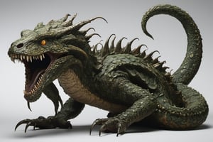 Character sheet, an Eldritch Serpentine monster stretches across the frame, posed in a full-body shot from a side view. Its broad, reptilian head twists at an unnatural angle, showcasing down- curving fangs that protrude over the lower jaw, exuding an unsettling aura. The creature's glazed and lifeless eyes seem to stare into nothingness, despite its gruesome appearance. As the camera captures its hideous form, the serpent-like visage shifts in color depending on the vantage point, creating a disorienting effect. Its serpentine body slithers across the ground, sans hind legs, as it moves with an unnatural, sinuous motion.