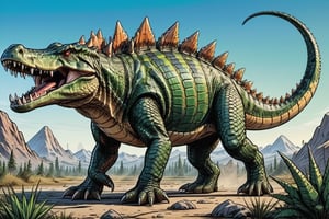 (Character Sheet),full body, quadratic mastodon sized reptilian creature with a crocodile-like head,snake like eyes,tusk like teeth, spikes on its back like a stegosaurus, no wings, four ridiculously short paws, scorpion like tail with stinger on its tail, 1 Man to show size scale.,comic book