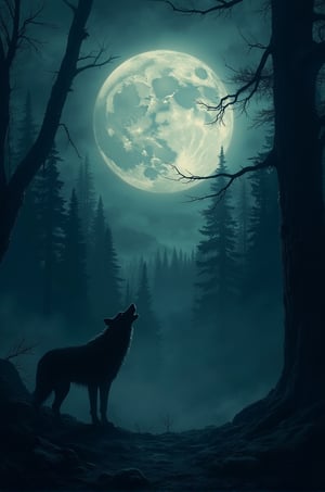 A baroque and romantic Masterpiece digital illustrated of the  full moon, illuminating  an misty strange forest. A werewolf howls in the distance 
 Tone of the image invokes fear and horror. Main focus been on the high detailed moon. Kenturo Muira,Fantasy detailers,J Horror Anime