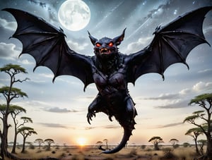 score_9, score_8_up, score_7_up, masterpiece, high quality, monster, bat like, giant, dark wings, obsidian fleshy skin, red eyes, large fangs, eldritch abomination. Flying,  starry Dark night upon an African savanna background,more detail XL,comic book