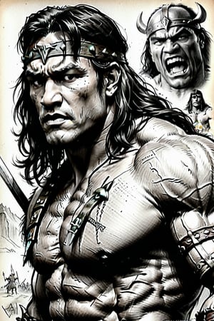 Conan the barbarian, charcoal sketch, anatomy , pencil_(artwork), pencil_art, pencil_art, rough_sketch, Pencil draw of a very detailed illustration of Conan the barbarian on paper,monochrome,charcoal drawing,pencil sketch