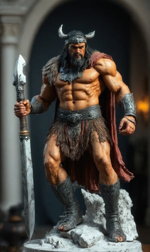 Generate an image of the ideal marble statue of a Conan the barbarian indoors.  Perfect body, high quality, 8k, masterpiece proportion 36d-32-34