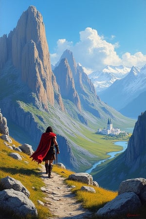 OIL Painting, Rocky mountain scape, small white city in distance, clear blue sky, conan the barbarian  wandering in the distance.