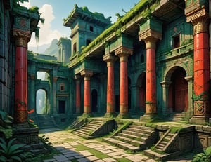 /imagine prompt: "A sprawling, maze-like ancient city with interconnected corridors and chambers, ornate but crumbling architecture adorned with jade and precious metals, dimly lit by torches and braziers, with overgrown vines and moss reclaiming parts of the city, Xuchotl from Red Nails --v 5",/imagine prompt: "Intricate frescoes and pillars in an ancient, decaying city, with opulent designs now worn and faded, a sense of past glory mixed with current ruin, echoing the atmosphere of Xuchotl from Red Nails --v 5"