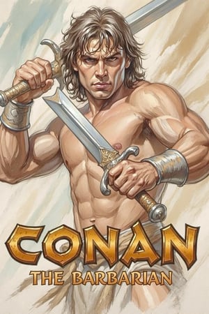 A detailed masterpiece magazine cover by Kentaro Muira, front view, Conan the barbarian holding large sword in both hands, intense expression looking at viewer, text in Crom font that reads 'Conan the Barbarian'
