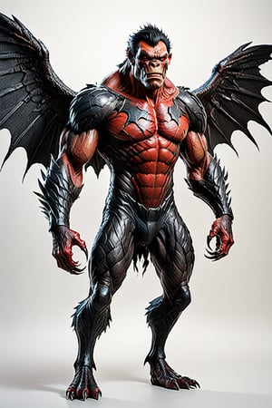 Character sheet, masterpiece,4k,monster,ape like body, wings on its back,gigantic manlike form, with broad bat-like wings, short and bowed legs, huge arms, black talon nails, a malformed head, blood-red eyes. It is covered in black hair. Malicious grin, Large, up to twice human size (roughly 8' tall and 600 lbs) white background ,comic book