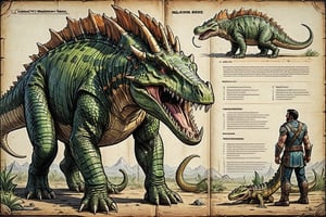 (Character Sheet),full body, quadratic mastodon sized reptilian creature with a crocodile-like head,snake like eyes,tusk like teeth, spikes on its back like a stegosaurus, no wings, four ridiculously short paws, scorpion like tail with spikes on its tail, 1 Man to show size scale.,comic book