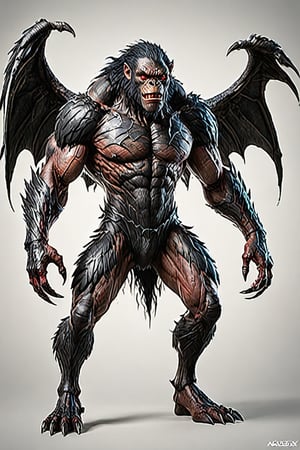 Character sheet, masterpiece,4k,monster,ape like body, wings on its back,gigantic manlike form, with broad bat-like wings, short and bowed legs, huge arms, black talon nails, a malformed head, blood-red eyes. It is covered in black hair. Malicious grin, Large, up to twice human size (roughly 8' tall and 600 lbs) white background ,comic book