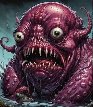 Art style of Mark brooks, dark, full shot, anthropomorphic blob monster, octopus like, short tentacles, jelly like skin, loathsome gelid, frog like head, blubbery lips, large fish like eyes, taller than man. Comic book, horror, fx-monsters-xl-meatsack,creature,LegendDarkFantasy