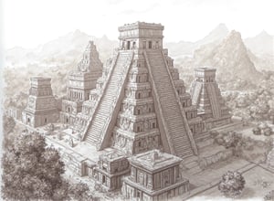 Pencil drawing, graphite hard, sketch, smooth shading, A detailed masterpiece detailed illustration of an ancient city inspired by the Mayan empire, located in a vast jungle landscape. The city is surrounded by an imposing wall, with tall spires and rising above. The architecture includes large stone temples and palaces with multi-tiered roofs, each adorned with intricate carvings of deities and mythical creatures. The central temple is the tallest, with a pyramidal structure and a series of terraces leading up to the top. The surrounding landscape is Natural tones browns, silvers, whites dominating the scene, and distant mountains can be seen through a hazy, sunlit sky. Include details like sandstone carvings, vines cover the walls, and a misty atmosphere that gives a sense of the city's ancient and mysterious nature.