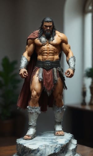 Generate an image of the ideal marble statue of a Conan the barbarian indoors.  Perfect body, high quality, 8k, masterpiece proportion 36d-32-34