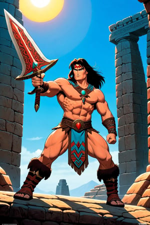 In a bold, dark-lined cel-shaded art style reminiscent of Frank Cho's work, Conan stands tall in the midst of ancient Aztec ruins. His powerful physique is accentuated by his muscular build and sun- bronzed skin, with a stern expression and piercing blue eyes that seem to bore into the soul. The rugged terrain provides a gritty backdrop for this heroic pose, as he holds his sword at the ready.

Conan's attire consists of a worn loinloth made from animal hide, paired with leather bracers and greaves that add to his imposing stature. A leather belt wraps around his waist, adorned with a bronze buckle and several pouches, occasionally replaced by a bandolier holding throwing knives. His sturdy leather sandals or boots provide a sense of grounding amidst the ancient structures.

In the foreground, bold, black lines frame Conan's figure against the vibrant red text "RED_ NAILS" in a striking display of cinematic flair. The overall composition is one of dynamic tension, as if Conan is about to leap into action at any moment, ready to face whatever dangers lie ahead.