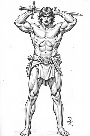 A detailed, masterpiece illustrated, line art, high resolution, Pencil drawing, graphite hard, sketch, smooth shading, drawn by Kentaro Muira, accurate body proportions, front view, Conan the barbarian holding large sword in both hands above shoulders, intense expression looking at viewer, full body, 
