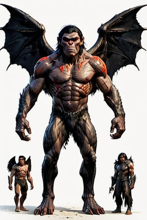 Character sheet, Homo erectus,ape like, wings on its back,gigantic manlike form, with broad bat-like wings, short and bowed legs, huge arms, black nails, a malformed head, and blood-red eyes. It is covered in black hair. Large, up to twice human size (roughly 8' tall and 600 lbs) white background ,comic book