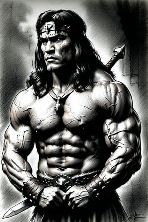 Conan the barbarian, charcoal sketch, anatomy , pencil_(artwork), pencil_art, pencil_art, rough_sketch, Pencil draw of a very detailed illustration of Conan the barbarian on paper,monochrome,charcoal drawing,pencil sketch