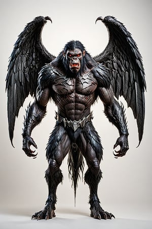 Character sheet, masterpiece,4k,monster,ape like body, wings on its back,gigantic manlike form, with broad bat-like wings, short and bowed legs, huge arms, black talon nails, a malformed head, blood-red eyes. It is covered in black hair. Malicious grin, Large, up to twice human size (roughly 8' tall and 600 lbs) white background ,comic book