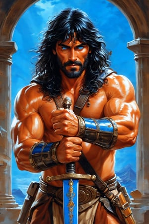 A cloisonnist image of Conan the barbarian: full body, ((sullen", and "volcanic" blue eyes)) with a black "square-cut mane". Bronze skinned,  high quality, masterpiece, sword in hand, facing viewer, smirking 