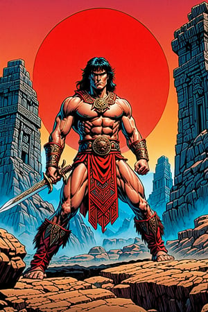 score_9, score_8_up, score_7_up,Create a movie poster In a bold, dark-lined cel-shaded art style reminiscent of Frank Cho's work, Conan stands tall in the midst of ancient Aztec ruins. His powerful physique is accentuated by his muscular build and sun- bronzed skin, with a stern expression and piercing blue eyes that seem to bore into the soul. The rugged terrain provides a gritty backdrop for this heroic pose, as he holds his sword at the ready.

Conan's attire consists of a worn loinloth made from animal hide, paired with leather bracers and greaves that add to his imposing stature. A leather belt wraps around his waist, adorned with a bronze buckle . His sturdy leather sandals or boots provide a sense of grounding amidst the ancient structures.

In the foreground, bold, black lines typography frame Conan's figure against the vibrant red text that reads "RED_NAILS" in a striking display of cinematic flair. The overall composition is one of dynamic tension, as if Conan is about to leap into action at any moment, ready to face whatever dangers lie ahead.,Masterpiece,comic book,digital artwork by Beksinski