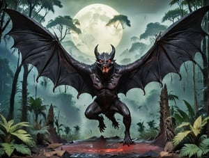 score_9, score_8_up, score_7_up, monster, bat like, giant, dark wings, obsidian fleshy skin, red eyes, large fangs, eldritch abomination. Flying, human nude bowing in worship, African jungle Dark night background,more detail XL,comic book