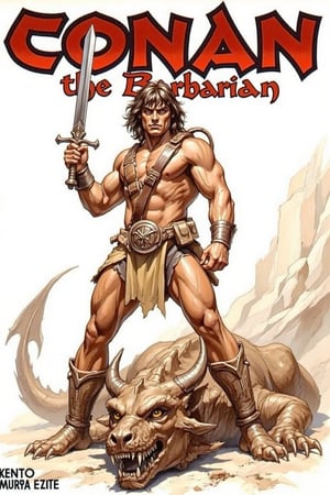 A detailed masterpiece magazine cover by Kentaro Muira, front view, Conan the barbarian holding large sword in both hands, intense expression looking at viewer, full body, standing on top a dead dragon, text in Crom font that reads 'Conan the Barbarian'
