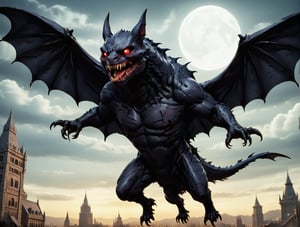 score_9, score_8_up, score_7_up, monster, bat like, giant, dark wings, obsidian fleshy skin, red eyes, large fangs, eldritch abomination. Flying,  Dark night background,more detail XL,comic book