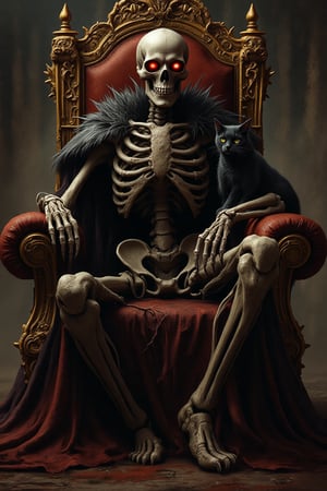 A baroque and romantic masterpiece: poster, front view, full-body , skeleton king sitting regal on a golden throne of thorns, red glowing eyes, holds a hour glass, black cat on lap, horror theme, Art Style:Type: Digital illustration Color Scheme: Natural tones (browns, silvers, whites) Detail Level: Highly detailed, realistic Other Details:Pose: Sitting with one leg forward , intense expression looking at viewer, on dark castle background, Hieronymus Bosch, Gustave Doré, Francisco Goya