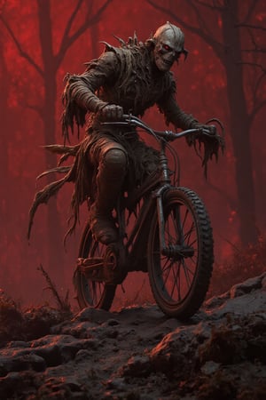 A baroque and romantic masterpiece: poster, front view, full-body , scarecrow on a bicycle, dark scenary, crimson mist, hat, sack head, red eyes, Hieronymus Bosch, Gustave Doré, Francisco Goya,Marvel comic style 