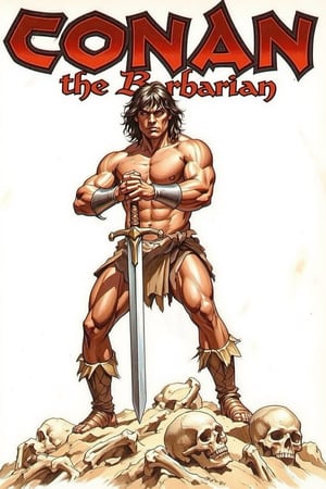 A detailed masterpiece magazine cover by Kentaro Muira, front view, Conan the barbarian holding large sword in both hands, intense expression looking at viewer, full body, standing on top a hill of bones, text in Crom font that reads 'Conan the Barbarian'
