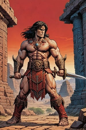 score_9, score_8_up, score_7_up,Create a movie poster In a bold, dark-lined cel-shaded art style reminiscent of Frank Cho's work, Conan stands tall in the midst of ancient Aztec ruins. His powerful physique is accentuated by his muscular build and sun- bronzed skin, with a stern expression and piercing blue eyes that seem to bore into the soul. The rugged terrain provides a gritty backdrop for this heroic pose, as he holds his sword at the ready.

Conan's attire consists of a worn loinloth made from animal hide, paired with leather bracers and greaves that add to his imposing stature. A leather belt wraps around his waist, adorned with a bronze buckle . His sturdy leather sandals or boots provide a sense of grounding amidst the ancient structures.

In the foreground, bold, black lines frame Conan's figure against the vibrant red text "RED_ NAILS" in a striking display of cinematic flair. The overall composition is one of dynamic tension, as if Conan is about to leap into action at any moment, ready to face whatever dangers lie ahead.,Masterpiece,comic book,digital artwork by Beksinski