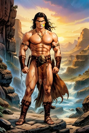 Here's the generated image prompt:

Conan stands tall at 6'2, his muscular physique radiating power. His wild, unkempt black hair frames his stern expression, with piercing blue eyes seeming to bore into the soul. Sun-bronzed skin creases with scars, telling tales of battles fought and won. Strong jawline and high cheekbones define his facial structure.

He wears a brown loincloth made from animal hide, paired with leather bracers and greaves that seem molded to his athletic build. A leather belt adorns his waist, featuring a bronze buckle and several pouches for storing treasures. Sturdy leather sandals or boots protect his feet as he navigates the unforgiving wilderness.

At his side hangs his broad sword, its heavy blade glinting in the flickering light of the setting sun. The rugged terrain and Conan's imposing figure blend seamlessly together, as if carved from the same stone. Cel-shaded textures give his skin a subtle sheen, while bold dark lines define his features, contrasting with loose, expressive lines elsewhere.

This full-body depiction captures Conan's raw power and unyielding spirit, much like Luis Royo gritty art style would bring this vision to life.,Luis Royo