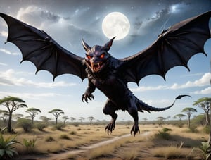 score_9, score_8_up, score_7_up, monster, bat like, giant, dark wings, obsidian fleshy skin, red eyes, large fangs, eldritch abomination. Flying,  starry Dark night upon an African savanna background,more detail XL,comic book