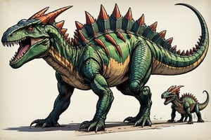 Prompt: score_9, score_8_up, score_7_up,In a sketchbook-style illustration, character sheet, a dinosaur-like creature dominates the frame. Cel-shaded art style by Frank Cho brings forth bold dark lines and loose lines on paper. A Stegosaurus-Allosaurus hybrid monster sprawls across the white background, its lizard-like head gazing menacingly with sharp teeth. Four legs crawl with primal power, while spines run along its back like armored plates. (((The spikey scorpion-like tail adds to the danger))). The character sheet showcases multiple views: full-body, profile, and close-ups of the beast's fearsome features. Proportions are accurate, capturing the ancient menace.,monster,comic book