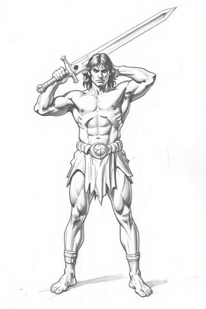 A detailed, masterpiece illustrated, line art, high resolution, Pencil drawing, graphite hard, sketch, smooth shading, drawn by Kentaro Muira, accurate body proportions, front view, Conan the barbarian holding large sword in both hands above shoulders, intense expression looking at viewer, full body, 
