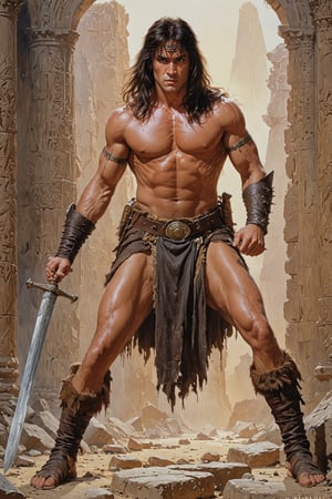 A detailed masterpiece 1980s poster cover by Richard Amsel, The art style is vintage, featuring highly detailed, realistic illustrations with a touch of heroic exaggeration in the figure of Conan the barbarian. It’s rendered in a painterly style, likely created with traditional mediums like acrylic or oil. This style was typical of movie posters from the late 1970s and early 1980s, often used for action and adventure films to create a more artistic, timeless look.The color palette is earthy and warm, dominated by tones of brown, orange, yellow, and gold. These hues evoke a sense of adventure, reminiscent of ancient ruins, deserts, and treasure, front view, Conan the barbarian holding large sword in both hands, intense expression looking at viewer, full body, 1 girl, kneeling, ancient Egyptian clothes, beautiful, looking at viewers, text in Crom font that reads 'Conan the Barbarian',Midjourney_Whisper