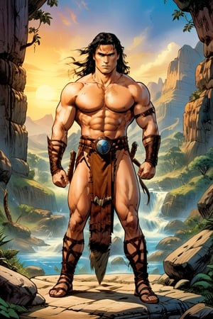 Here's the generated image prompt:

Conan stands tall at 6'2, his muscular physique radiating power. His wild, unkempt black hair frames his stern expression, with piercing blue eyes seeming to bore into the soul. Sun-bronzed skin creases with scars, telling tales of battles fought and won. Strong jawline and high cheekbones define his facial structure.

He wears a brown loincloth made from animal hide, paired with leather bracers and greaves that seem molded to his athletic build. A leather belt adorns his waist, featuring a bronze buckle and several pouches for storing treasures. Sturdy leather sandals or boots protect his feet as he navigates the unforgiving wilderness.

At his side hangs his broad sword, its heavy blade glinting in the flickering light of the setting sun. The rugged terrain and Conan's imposing figure blend seamlessly together, as if carved from the same stone. Cel-shaded textures give his skin a subtle sheen, while bold dark lines define his features, contrasting with loose, expressive lines elsewhere.

This full-body depiction captures Conan's raw power and unyielding spirit, much like Luis Royo gritty art style would bring this vision to life.,Luis Royo