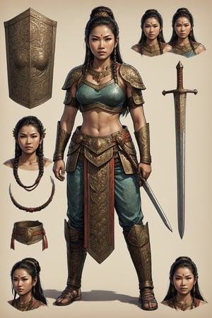 score_9, score_8_up, score_7_up, , 8k, masterpiece, (character sheet:1.4), (concept art:1.4), full body,simple background, high quality, detailed face, realistic pores, perfect eyes, ), BREAK, accurate body proportions, full body, 1 girl, Design a female Southeast Asian warrior character inspired by ancient Thai and Indonesian aesthetics. She wears a fitted chong kraben with a richly patterned sash tied around her waist. Her armor includes a chest piece adorned with floral and leaf motifs, and she has arm guards made of metal and leather. Her long hair is partially braided and tied up, with some loose strands flowing around her face. She holds a spear in one hand and a curved dagger in the other. Her expression is intense, with a focused gaze. She is posed as if ready to spring into action, with a strong and agile stance. comic book